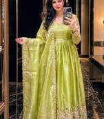 light green color embroidery 5mm sequin work stone silk blend gown set