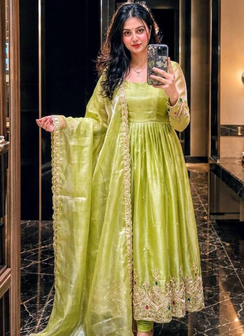 light green color embroidery 5mm sequin work stone silk blend gown set
