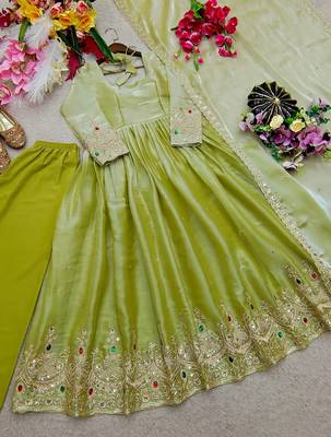light green color embroidery 5mm sequin work stone silk blend gown set 2