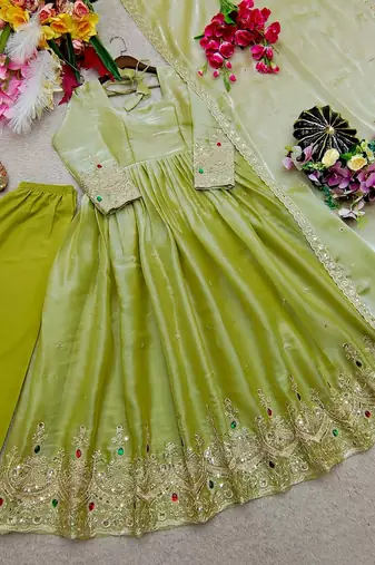 light green color embroidery 5mm sequin work stone silk blend gown set