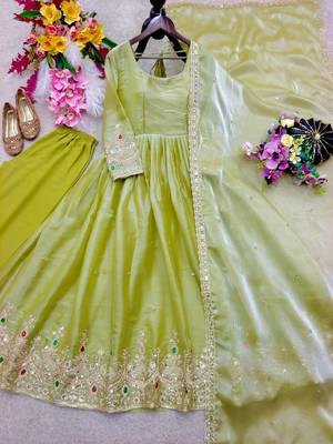 light green color embroidery 5mm sequin work stone silk blend gown set 3