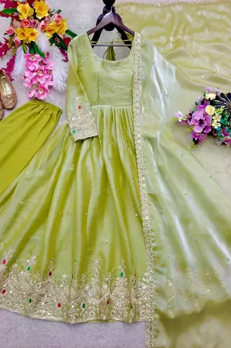 light green color embroidery 5mm sequin work stone silk blend gown set