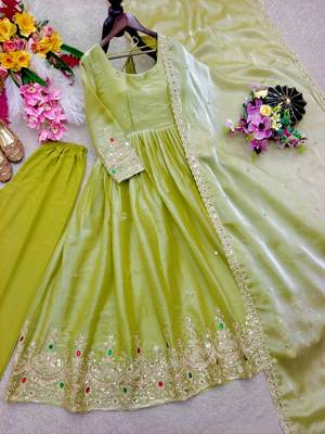 light green color embroidery 5mm sequin work stone silk blend gown set 4