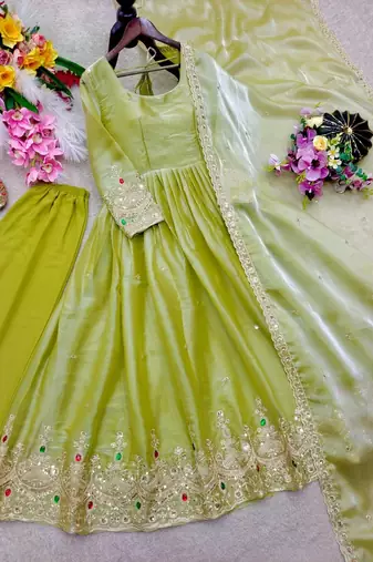 light green color embroidery 5mm sequin work stone silk blend gown set