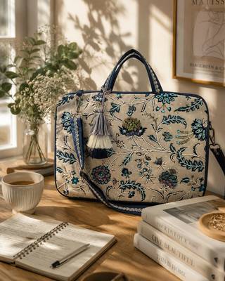  petal posh ivory & navy floral jacquard laptop bag (upto 16") 1