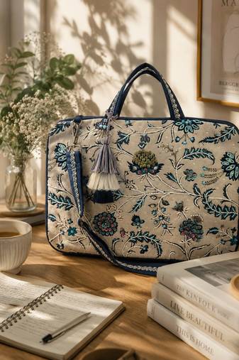  petal posh ivory & navy floral jacquard laptop bag (upto 16")
