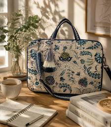  petal posh ivory & navy floral jacquard laptop bag (upto 16")