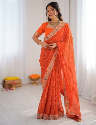 Orange embroidered bandhani print faux georgette saree with unstitched mono benglori silk blouse 1
