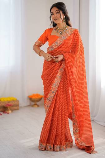 Orange embroidered bandhani print faux georgette saree with unstitched mono benglori silk blouse