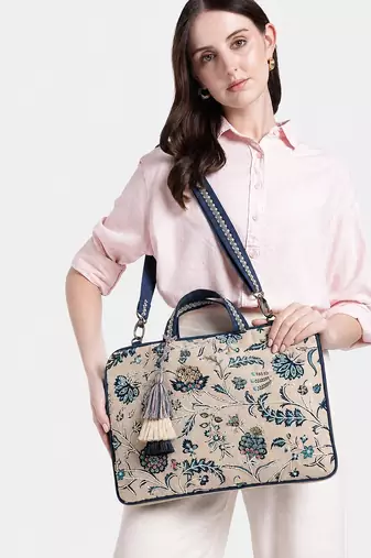  petal posh ivory & navy floral jacquard laptop bag (upto 16")