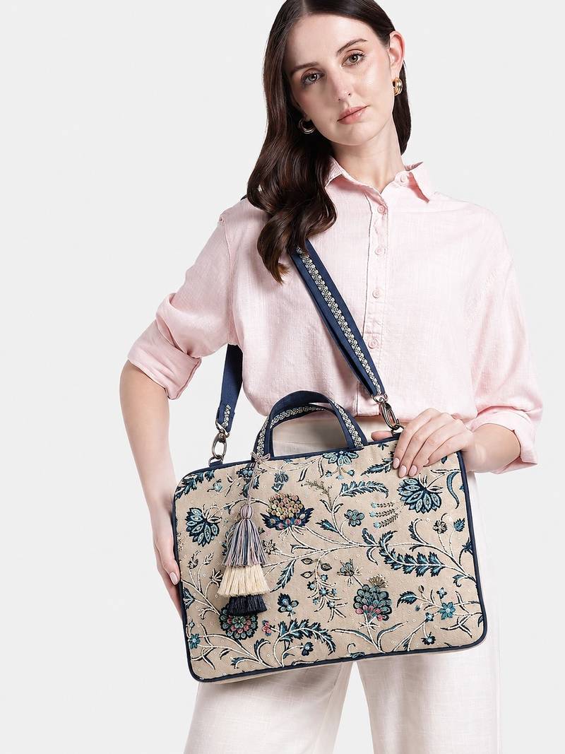  petal posh ivory & navy floral jacquard laptop bag (upto 16")