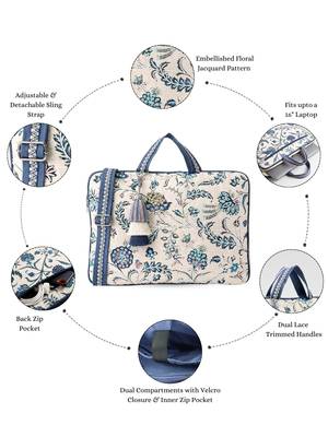  petal posh ivory & navy floral jacquard laptop bag (upto 16") 3