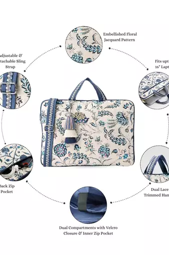  petal posh ivory & navy floral jacquard laptop bag (upto 16")