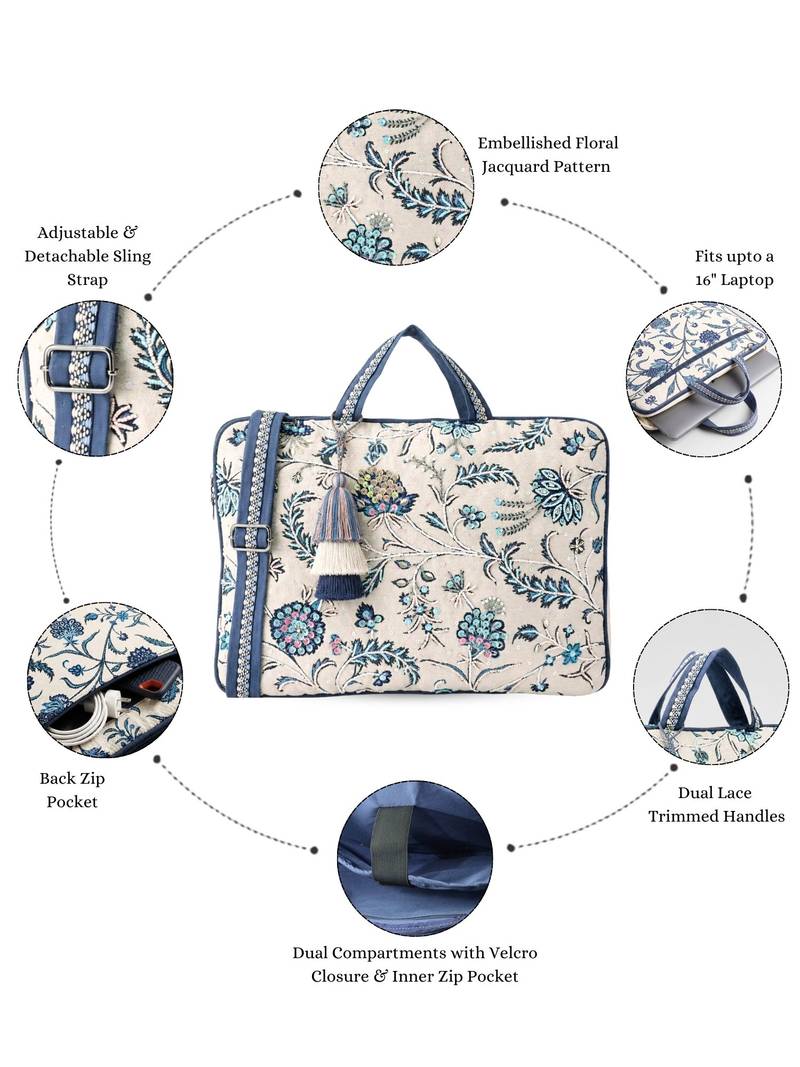  petal posh ivory & navy floral jacquard laptop bag (upto 16")