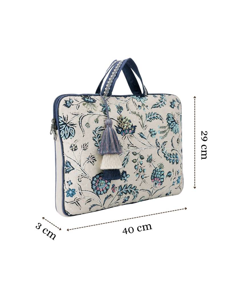  petal posh ivory & navy floral jacquard laptop bag (upto 16")