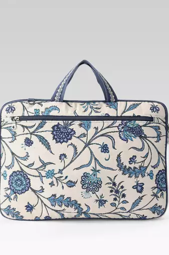  petal posh ivory & navy floral jacquard laptop bag (upto 16")