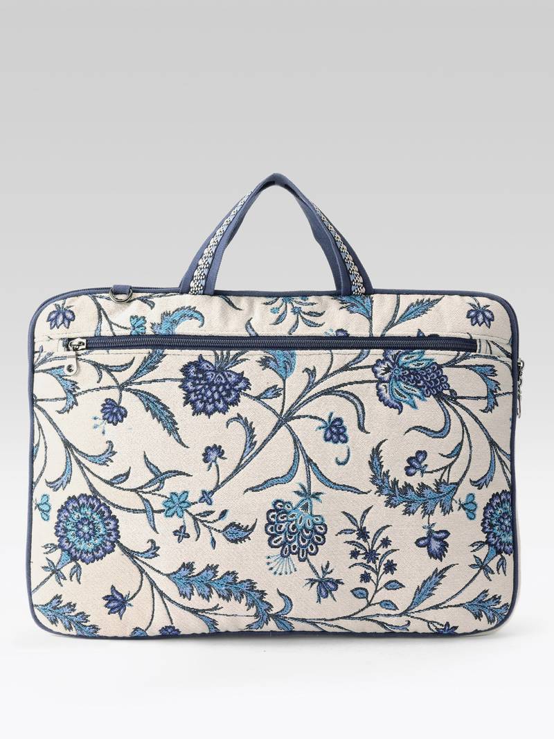  petal posh ivory & navy floral jacquard laptop bag (upto 16")
