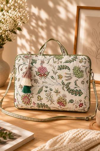  petal posh ivory & olive floral jacquard laptop bag (upto 16")