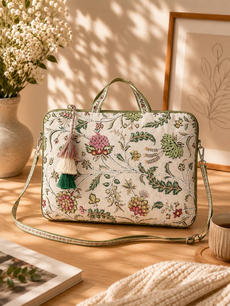  petal posh ivory & olive floral jacquard laptop bag (upto 16")