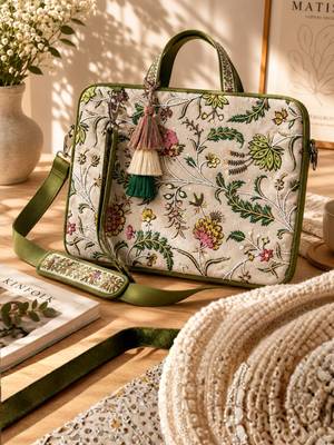  petal posh ivory & olive floral jacquard laptop bag (upto 16") 1