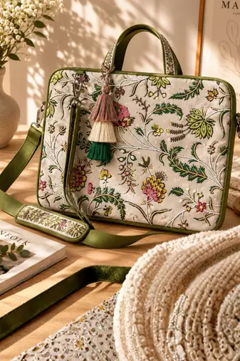  petal posh ivory & olive floral jacquard laptop bag (upto 16")