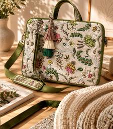  petal posh ivory & olive floral jacquard laptop bag (upto 16")