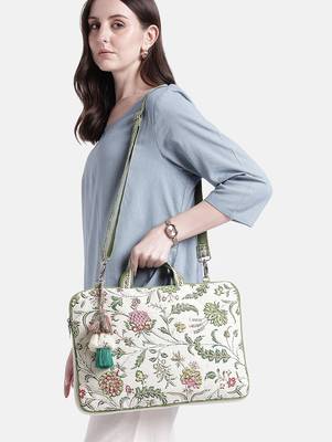  petal posh ivory & olive floral jacquard laptop bag (upto 16") 2