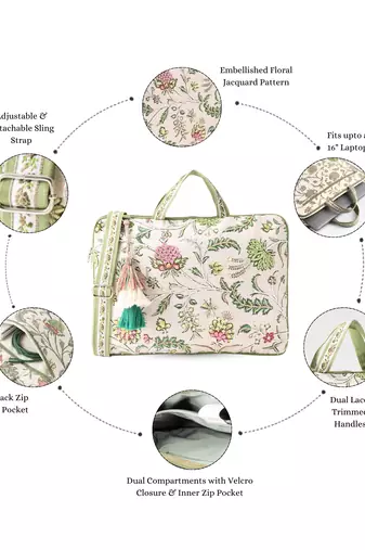  petal posh ivory & olive floral jacquard laptop bag (upto 16")