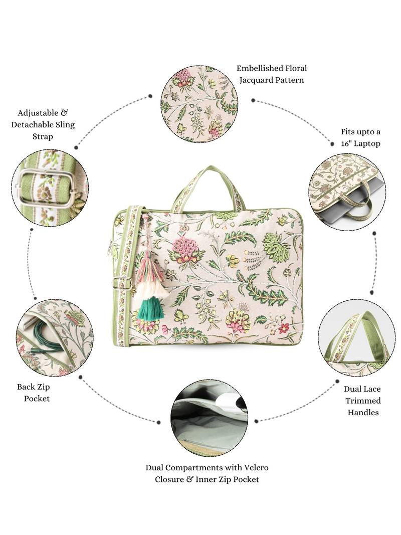  petal posh ivory & olive floral jacquard laptop bag (upto 16")