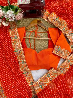 Orange embroidered bandhani print faux georgette saree with unstitched mono benglori silk blouse 5
