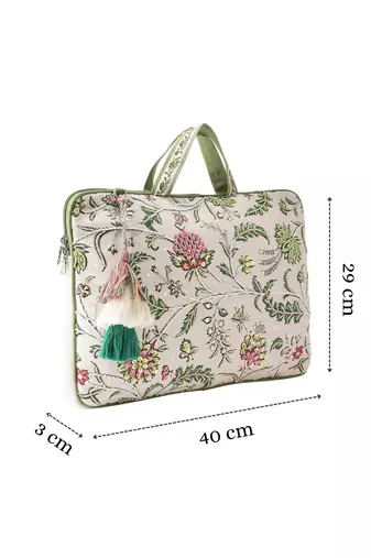  petal posh ivory & olive floral jacquard laptop bag (upto 16")