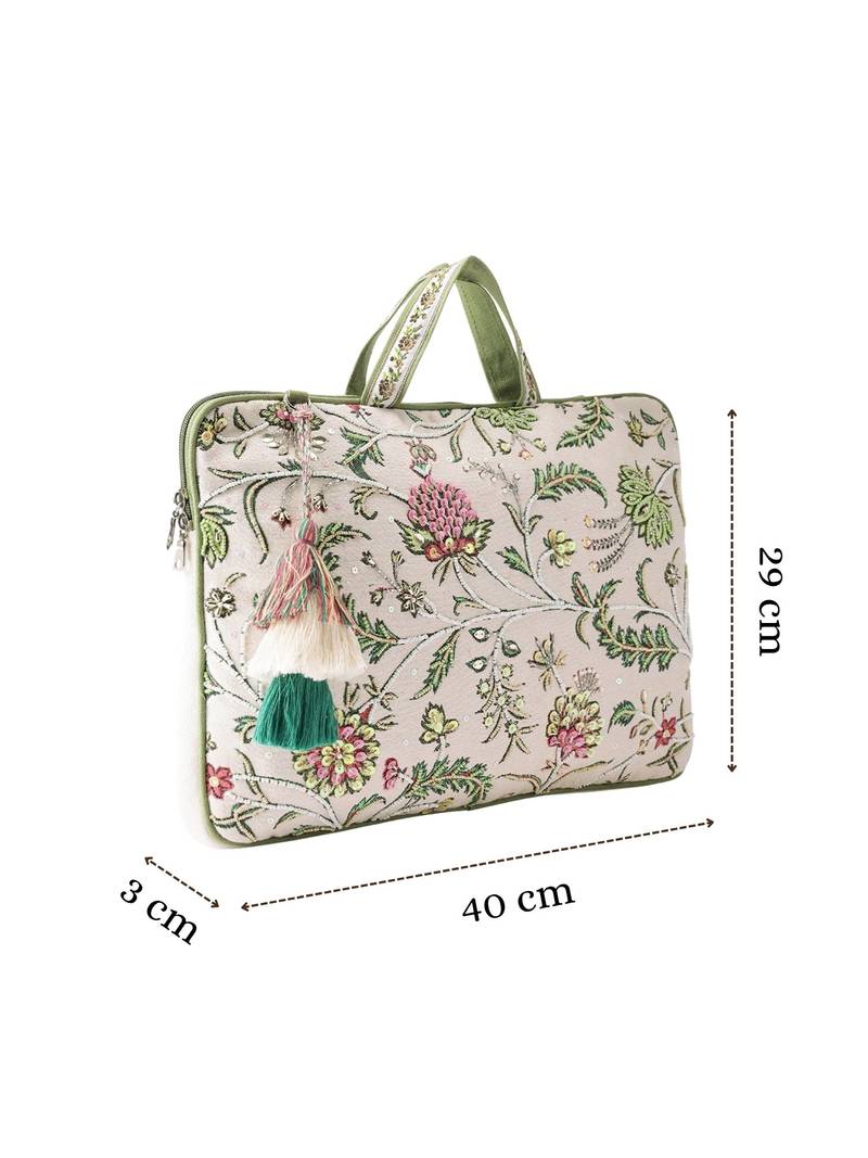  petal posh ivory & olive floral jacquard laptop bag (upto 16")