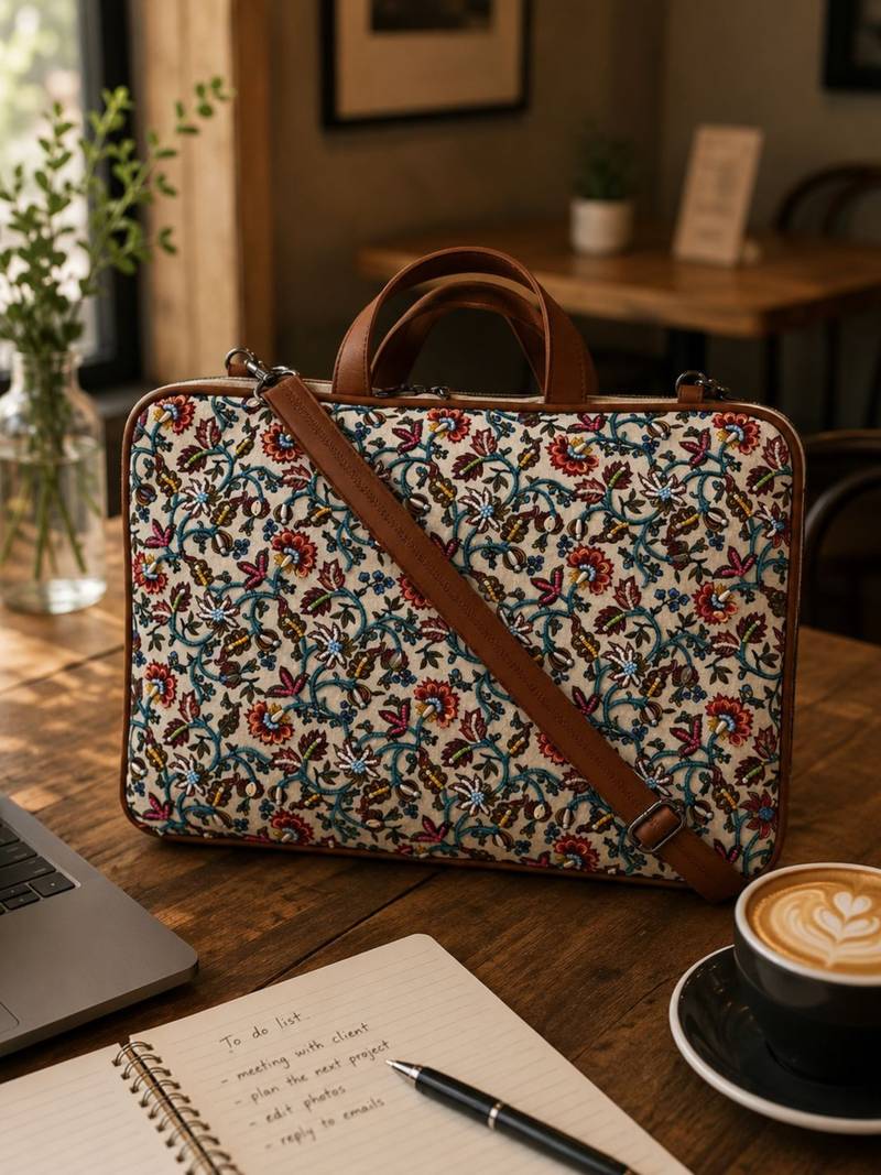  petal posh off white floral printed polycotton laptop bag (upto 16")