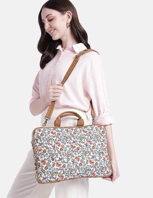  petal posh off white floral printed polycotton laptop bag (upto 16") 2