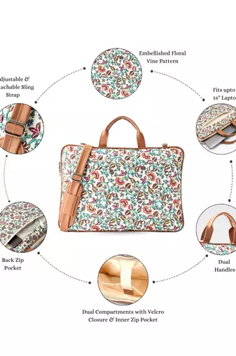  petal posh off white floral printed polycotton laptop bag (upto 16")
