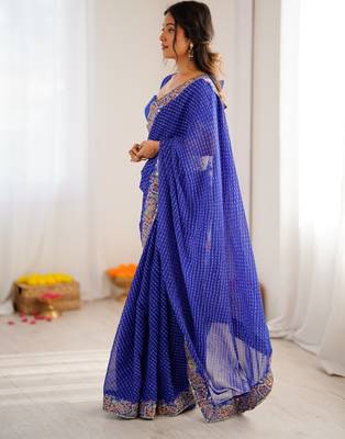 Royal blue thread & sequins embroidered faux georgette bandhani print saree with unstitched blouse 2