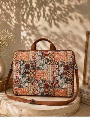  petal posh tan ethnic printed polycotton laptop bag (upto 16") 1