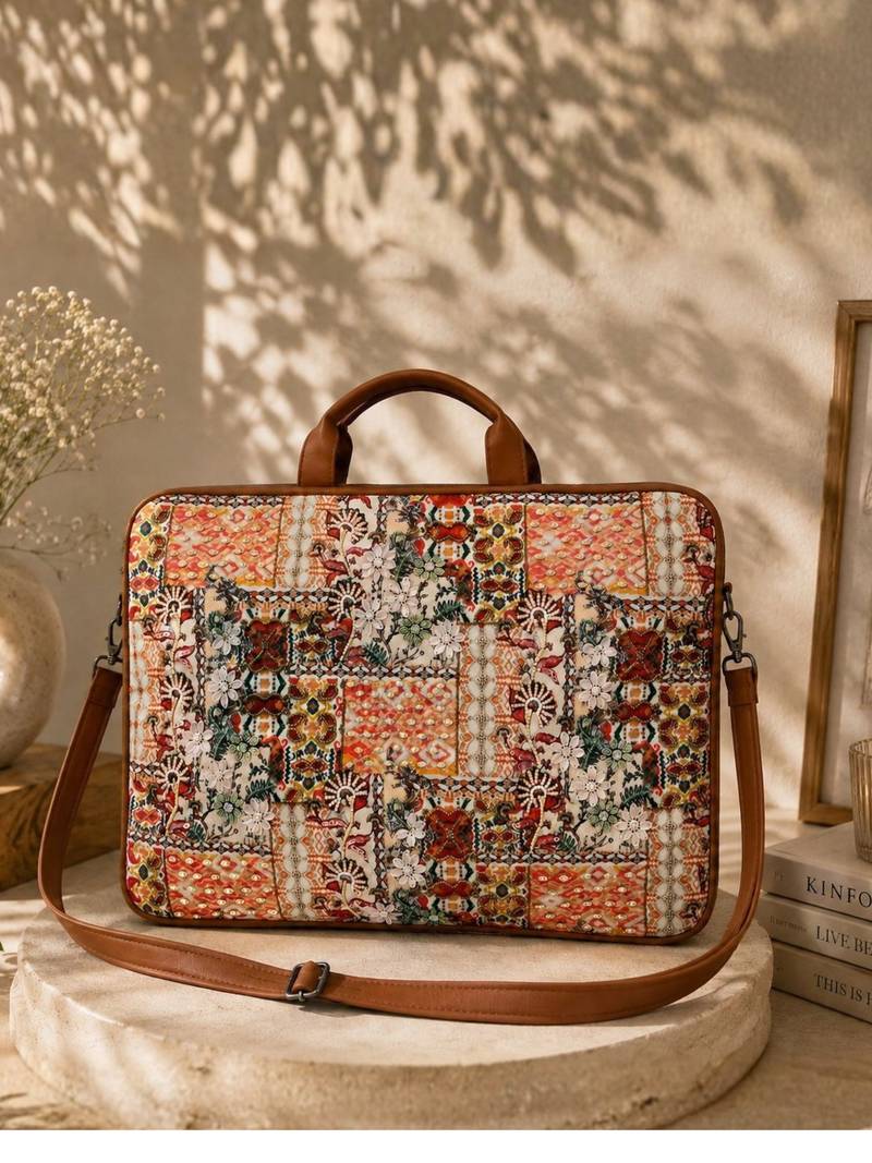  petal posh tan ethnic printed polycotton laptop bag (upto 16")