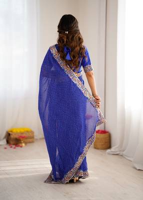 Royal blue thread & sequins embroidered faux georgette bandhani print saree with unstitched blouse 3