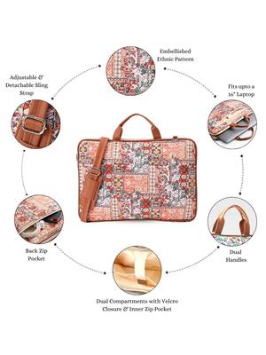  petal posh tan ethnic printed polycotton laptop bag (upto 16") 3