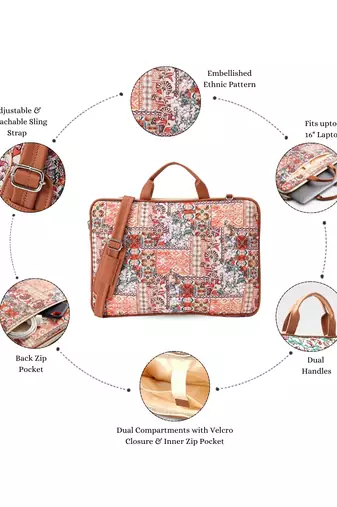  petal posh tan ethnic printed polycotton laptop bag (upto 16")