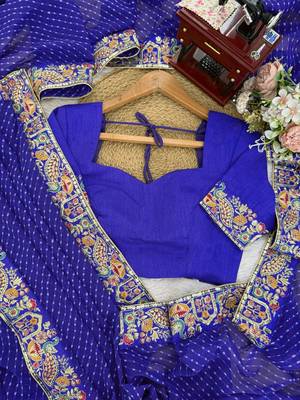 Royal blue thread & sequins embroidered faux georgette bandhani print saree with unstitched blouse 5