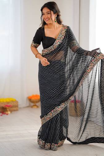 Black thread & sequins embroidered faux georgette bandhani print saree with unstitched banglori silk blouse