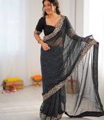 Black thread & sequins embroidered faux georgette bandhani print saree with unstitched banglori silk blouse