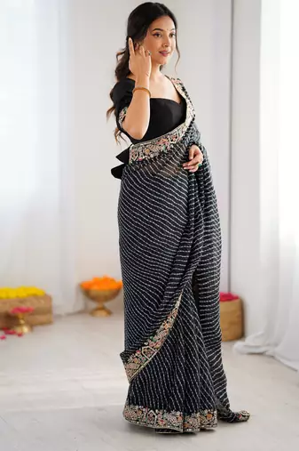 Black thread & sequins embroidered faux georgette bandhani print saree with unstitched banglori silk blouse