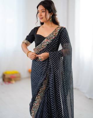 Black thread & sequins embroidered faux georgette bandhani print saree with unstitched banglori silk blouse 3