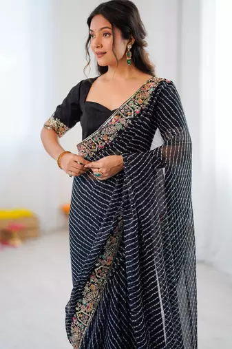 Black thread & sequins embroidered faux georgette bandhani print saree with unstitched banglori silk blouse