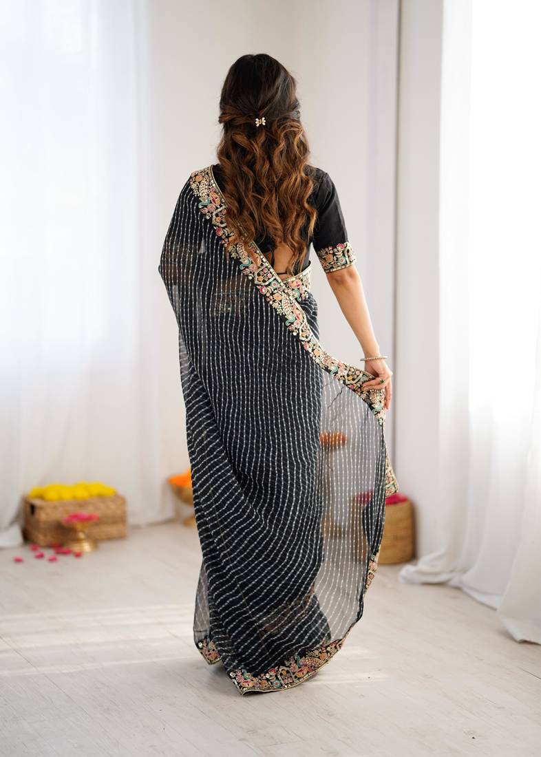 Black thread & sequins embroidered faux georgette bandhani print saree with unstitched banglori silk blouse