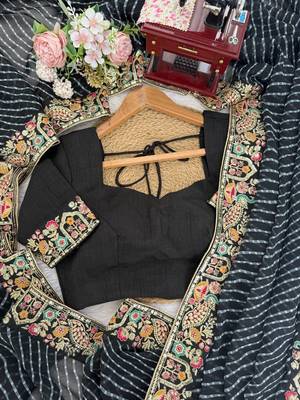 Black thread & sequins embroidered faux georgette bandhani print saree with unstitched banglori silk blouse 5