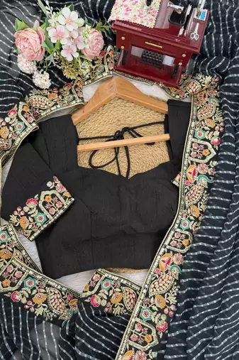 Black thread & sequins embroidered faux georgette bandhani print saree with unstitched banglori silk blouse